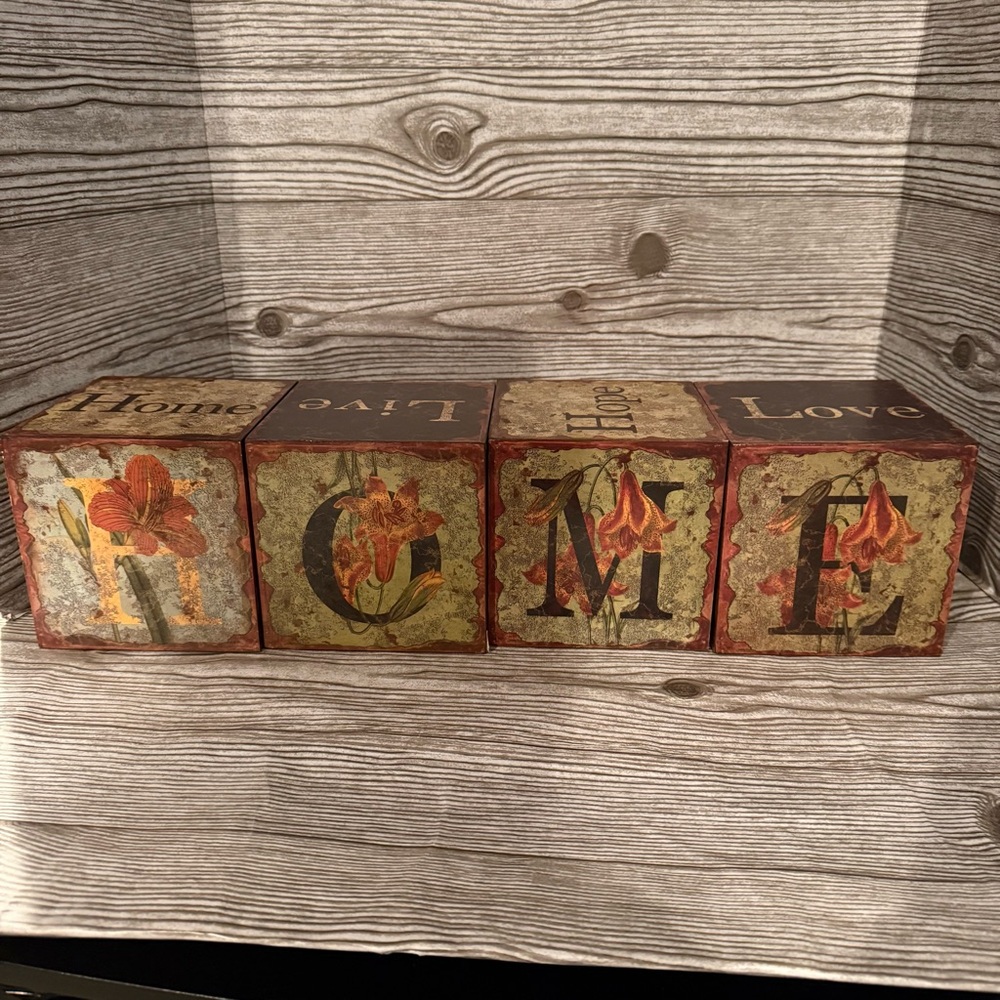 Uttermost Wooden Block Set HOME HOPE 5” Floral Rustic Decorative Cubes